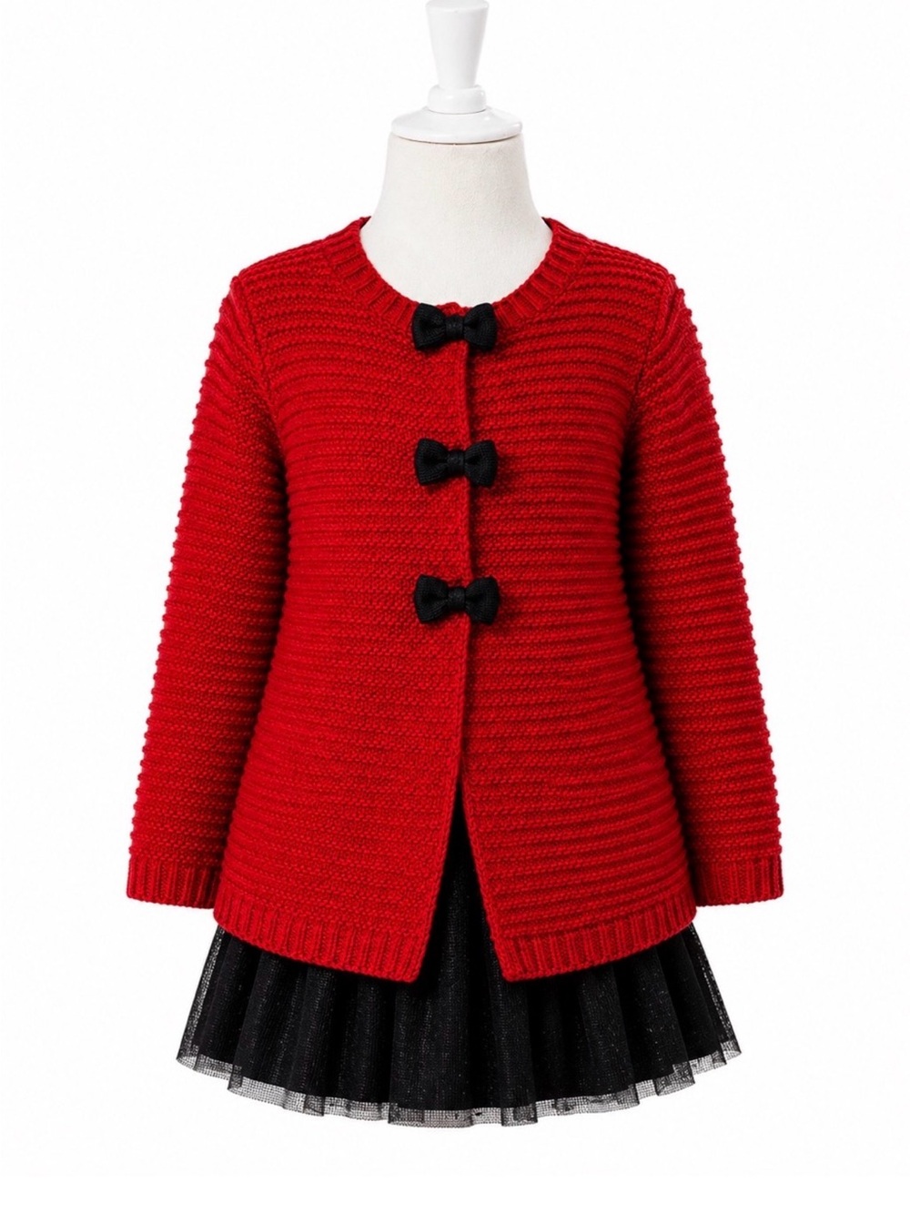 Tahari Red Knit Cardigan with Black Bow Accents
